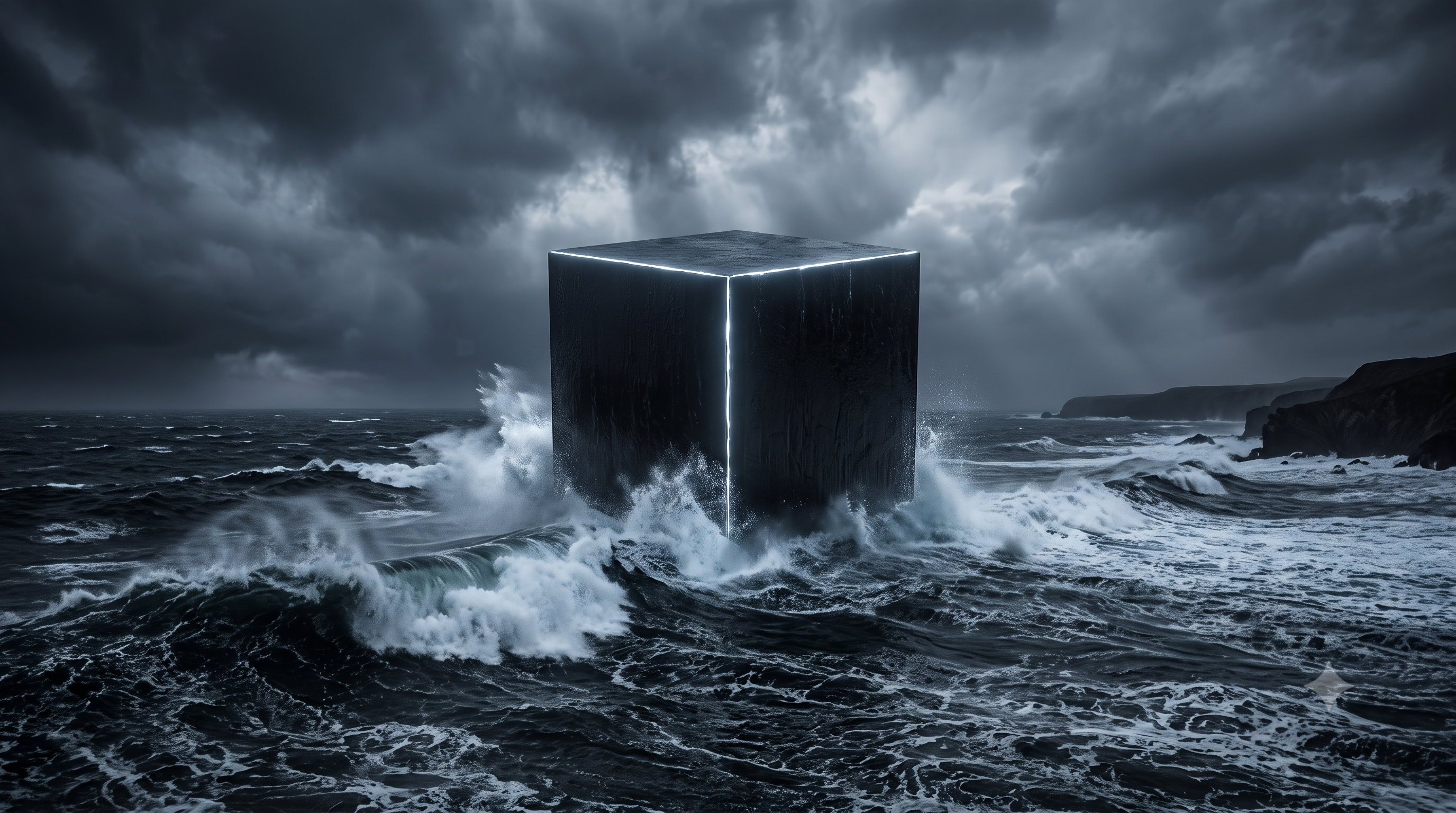 A colossal black monolithic cube standing in a storm-dark ocean, waves crashing against its base, thin white bioluminescent seams glowing along its edges beneath a brooding sky.